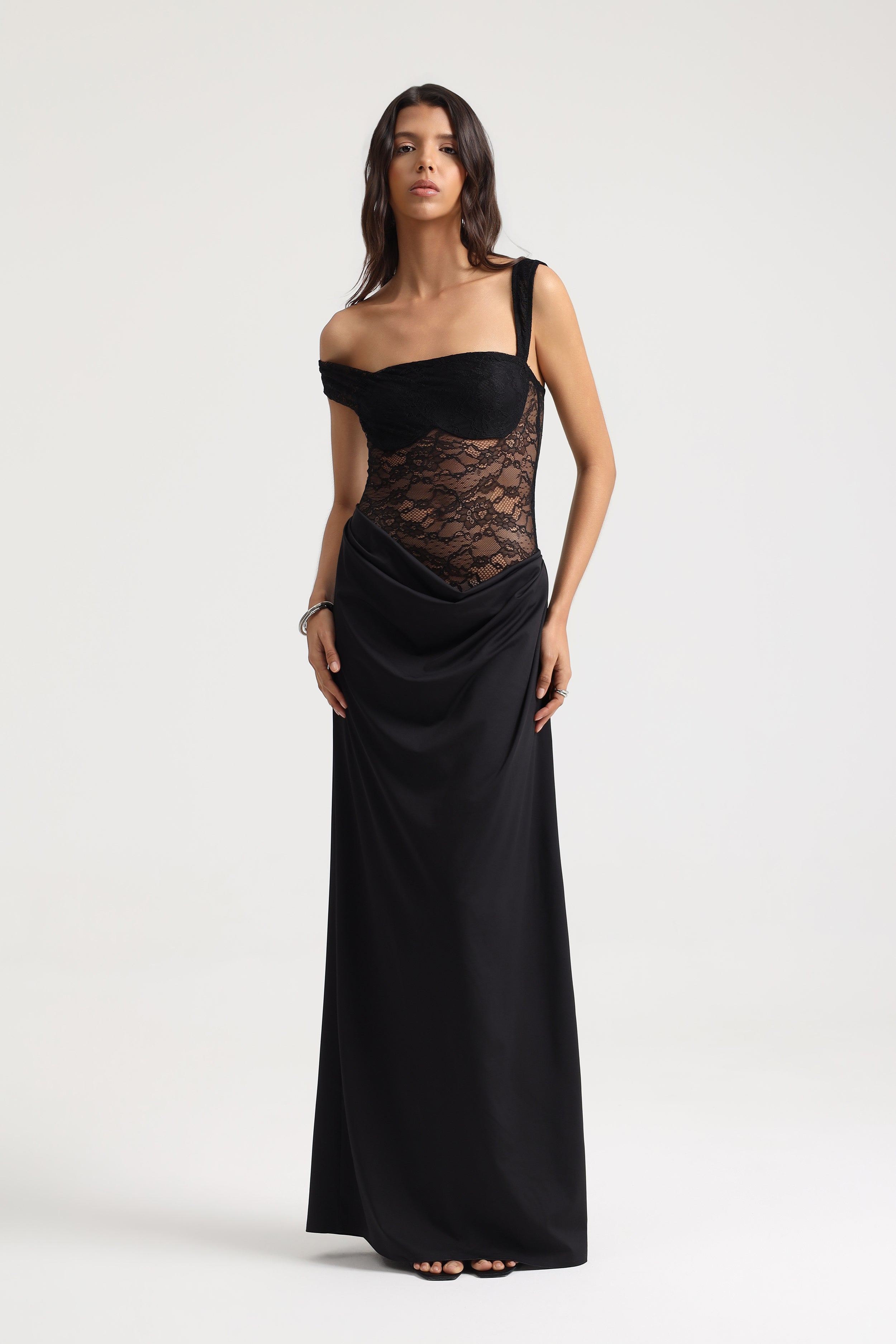 Sevy Sheer Lace Draped Dress in Black