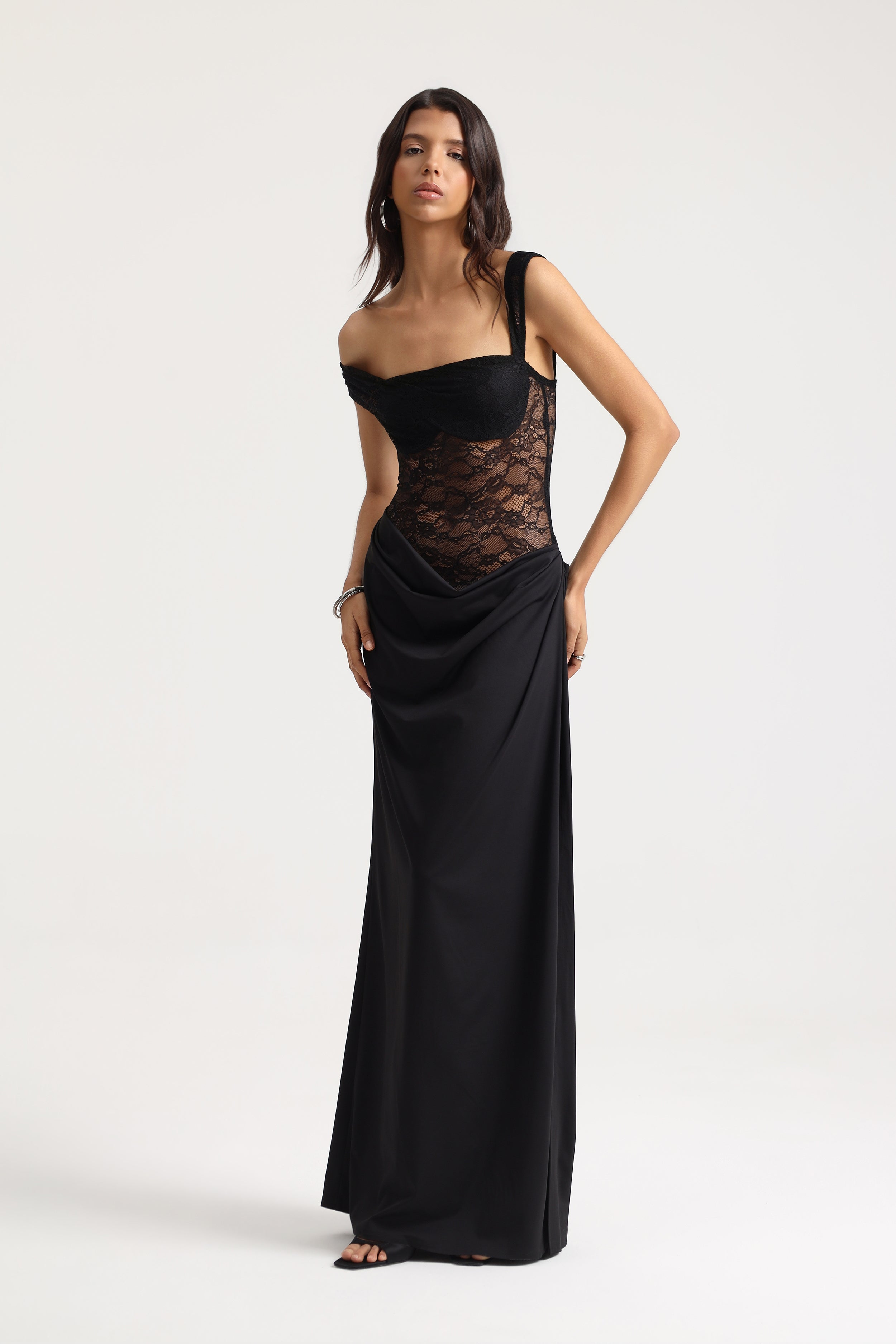 Sevy Sheer Lace Draped Dress in Black