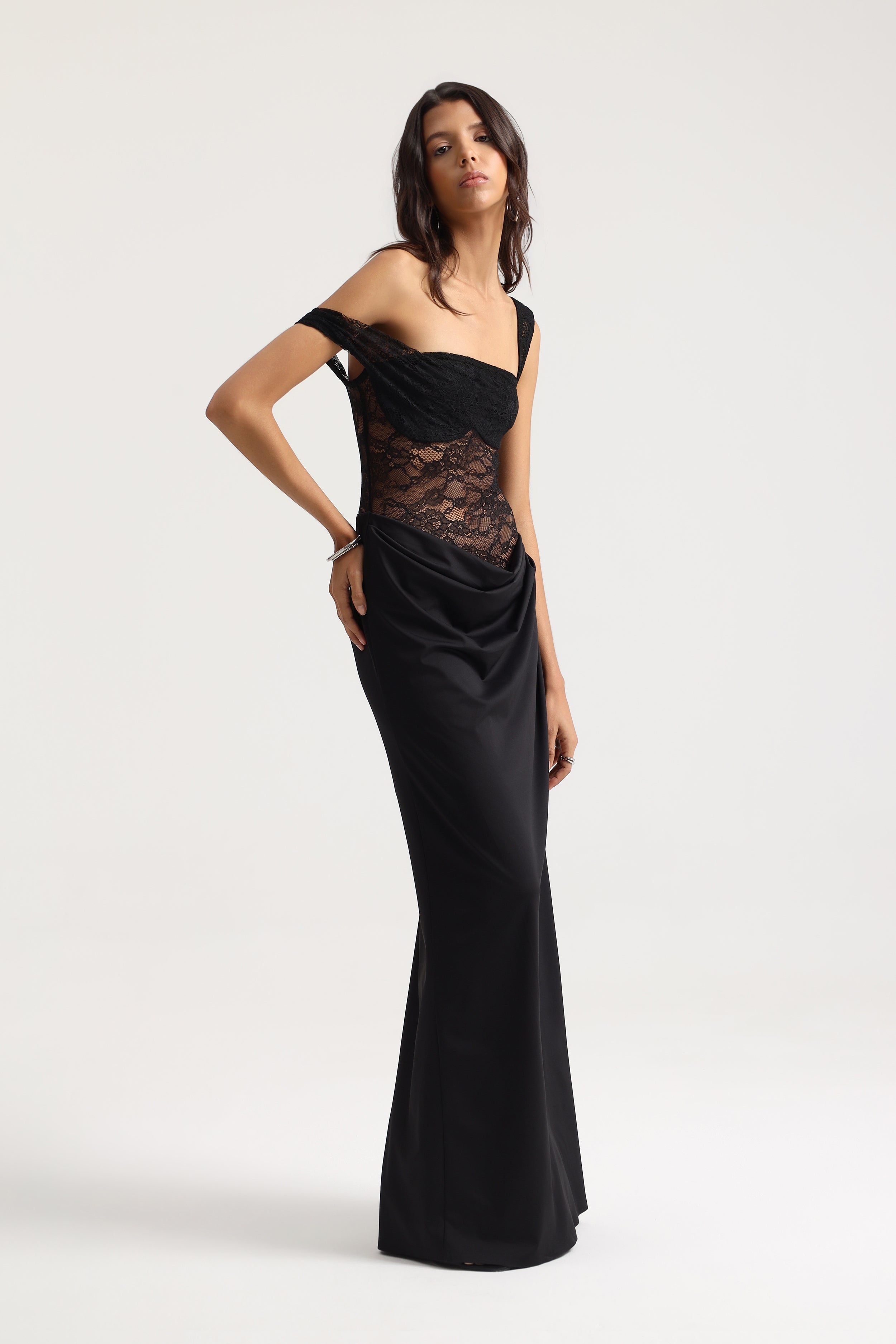 Sevy Sheer Lace Draped Dress in Black