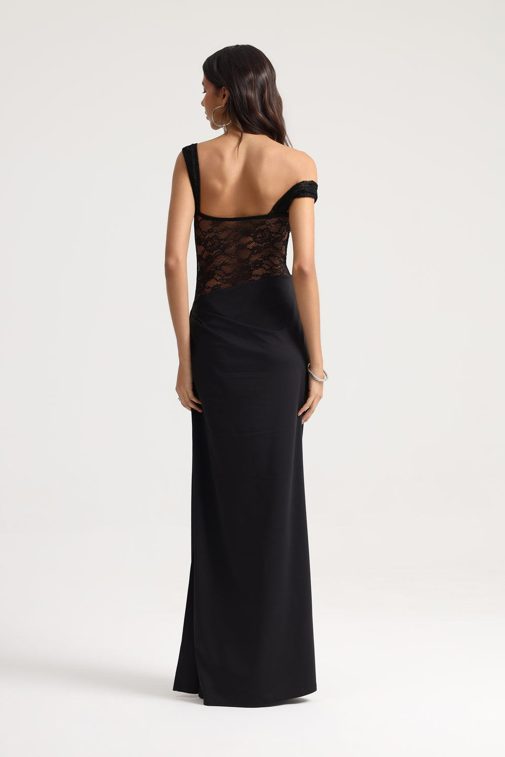 Sevy Sheer Lace Draped Dress in Black