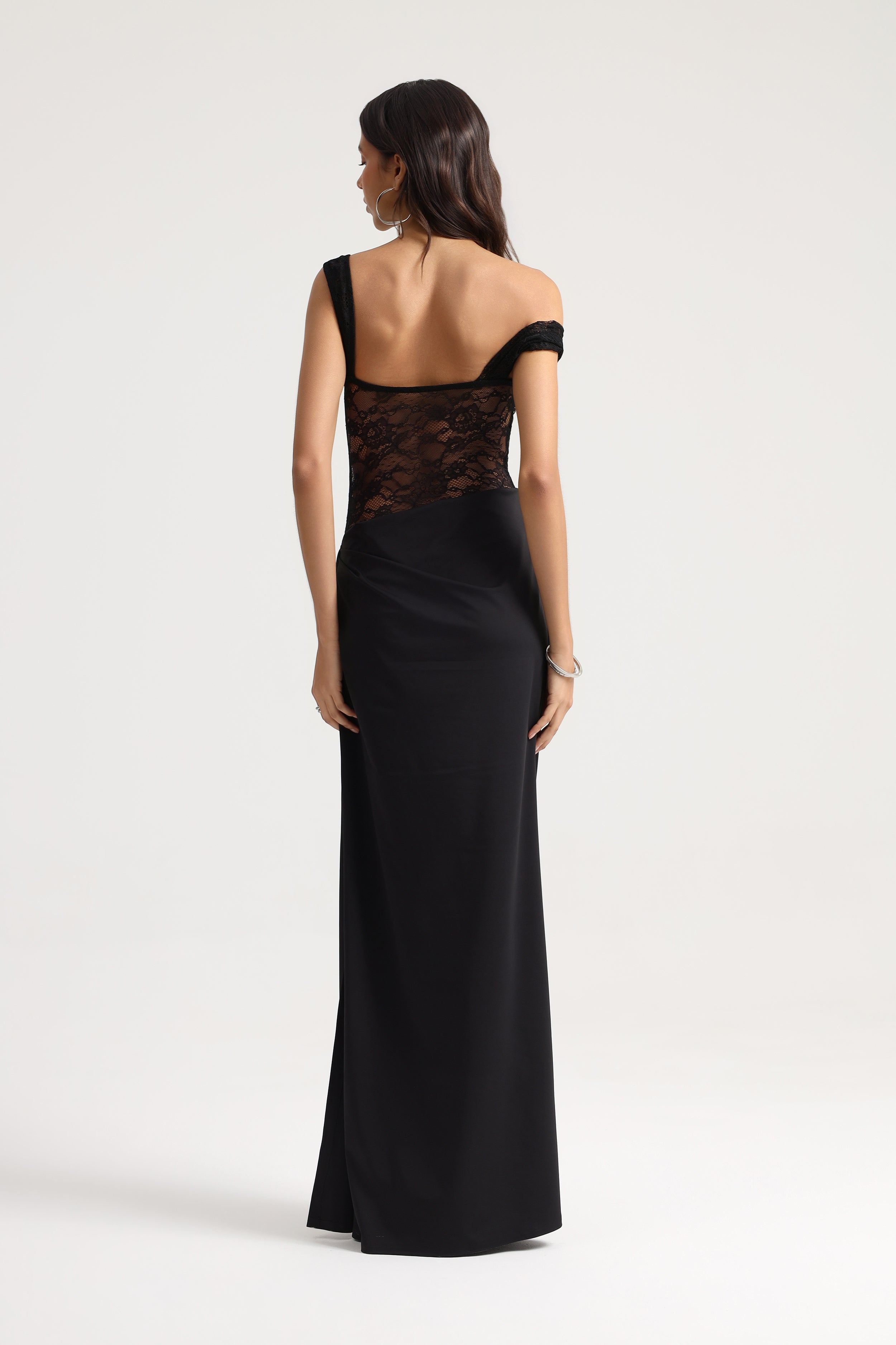 Sevy Sheer Lace Draped Dress in Black