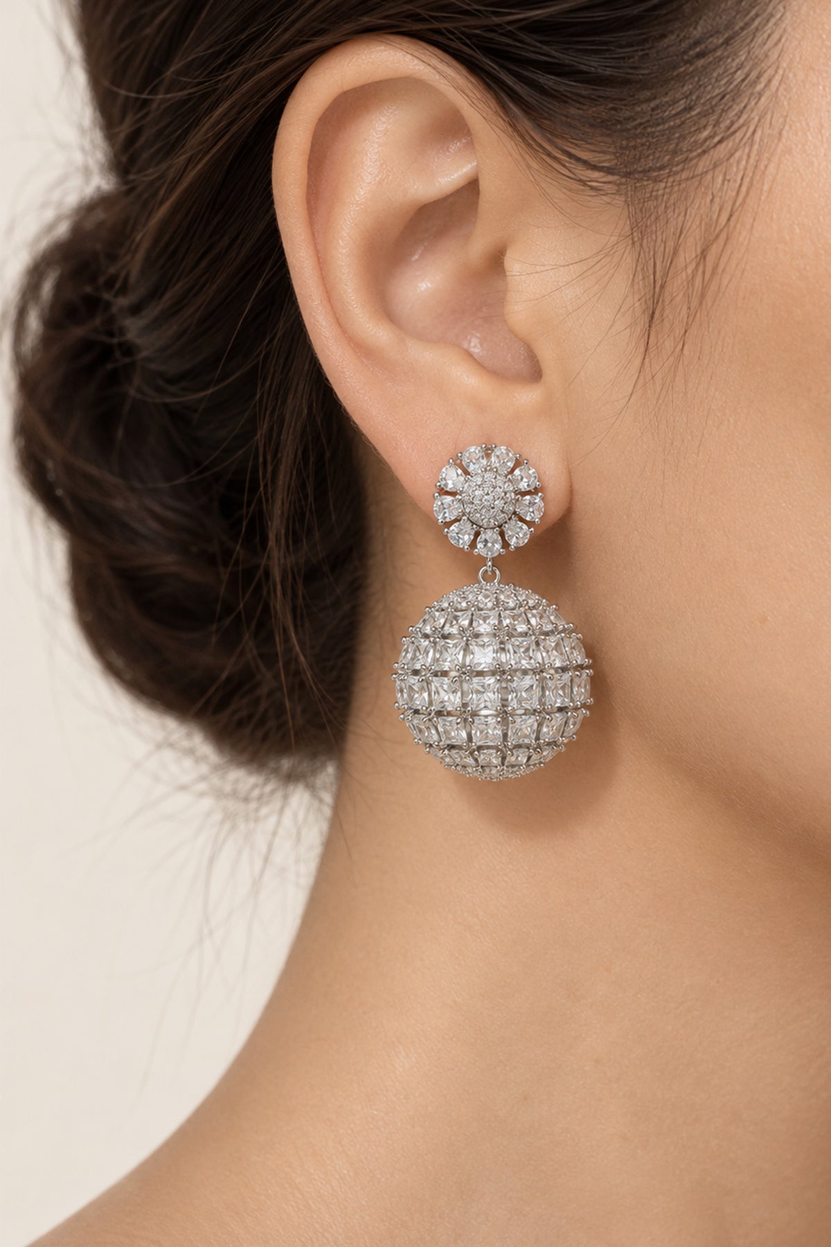 Shera Silver-Tone Crystal Sphere Drop Evening Earrings