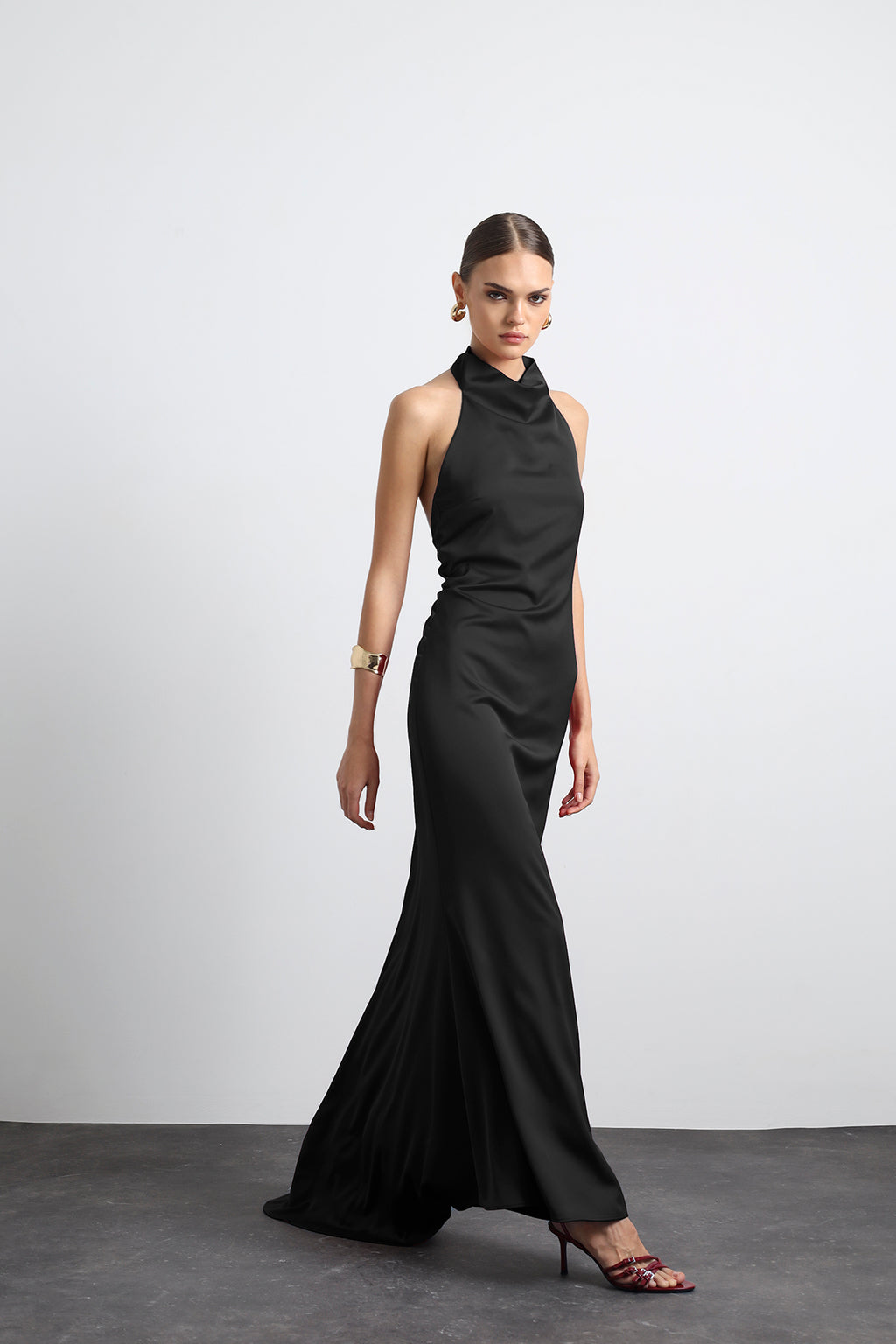 Halley Halter Neck Black Maxi Satin Dress