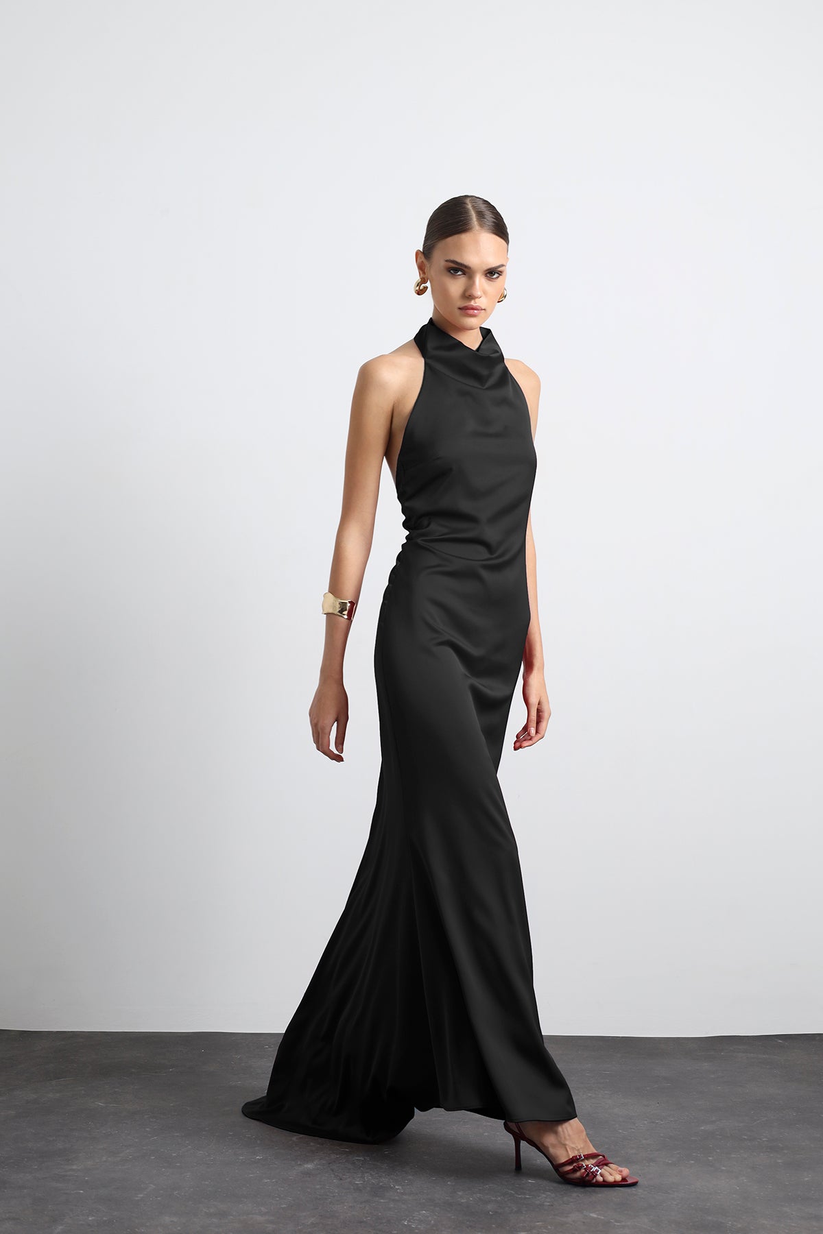 Halley Halter Neck Black Maxi Satin Dress