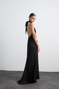 Halley Halter Neck Black Maxi Satin Dress