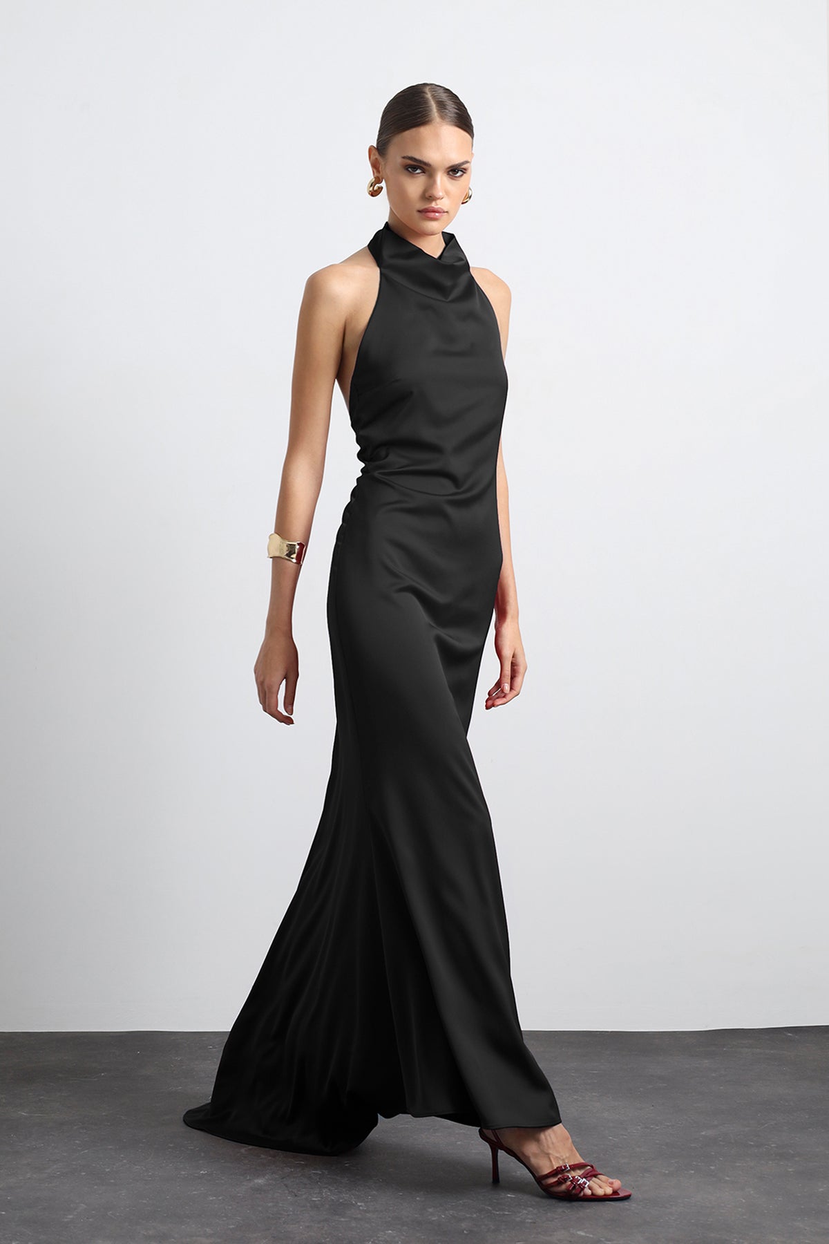 Halley Halter Neck Black Maxi Satin Dress