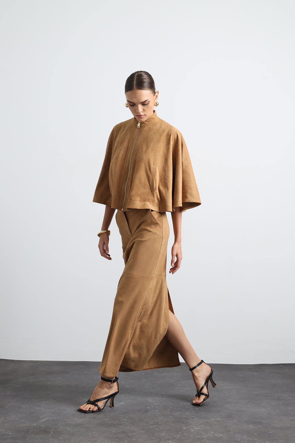 Lenia Camel Suede Poncho