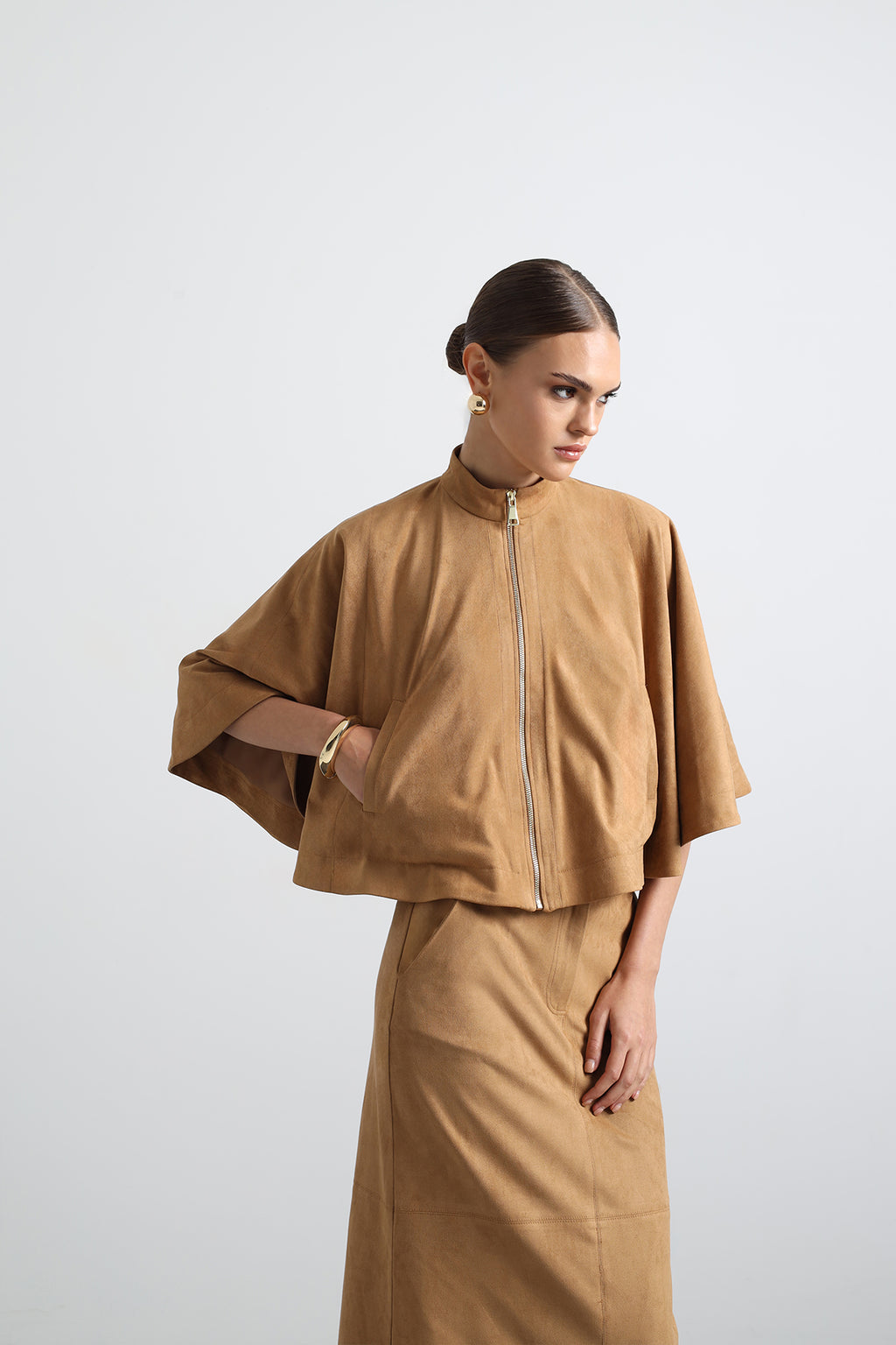 Lenia Camel Suede Poncho