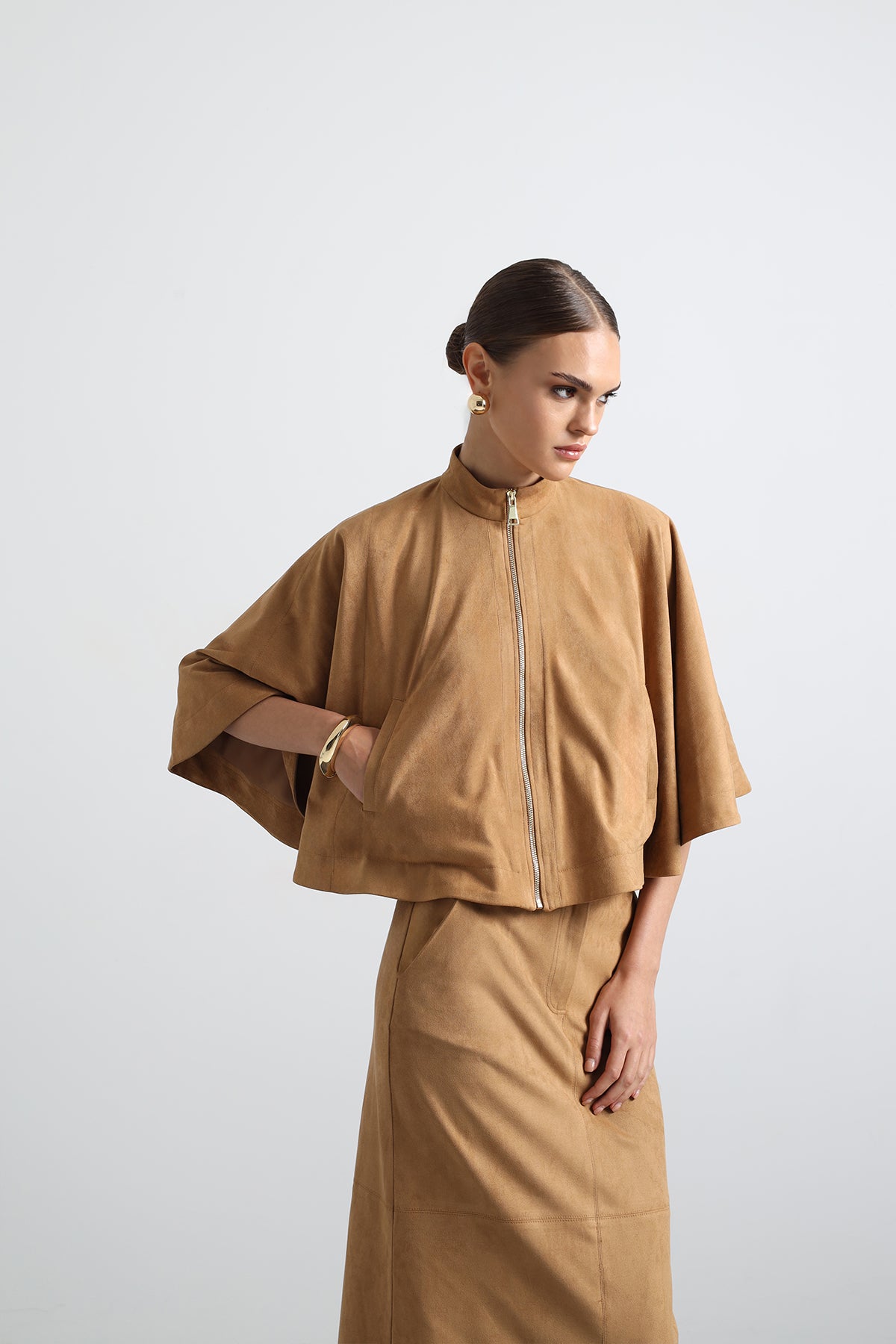 Lenia Camel Suede Poncho