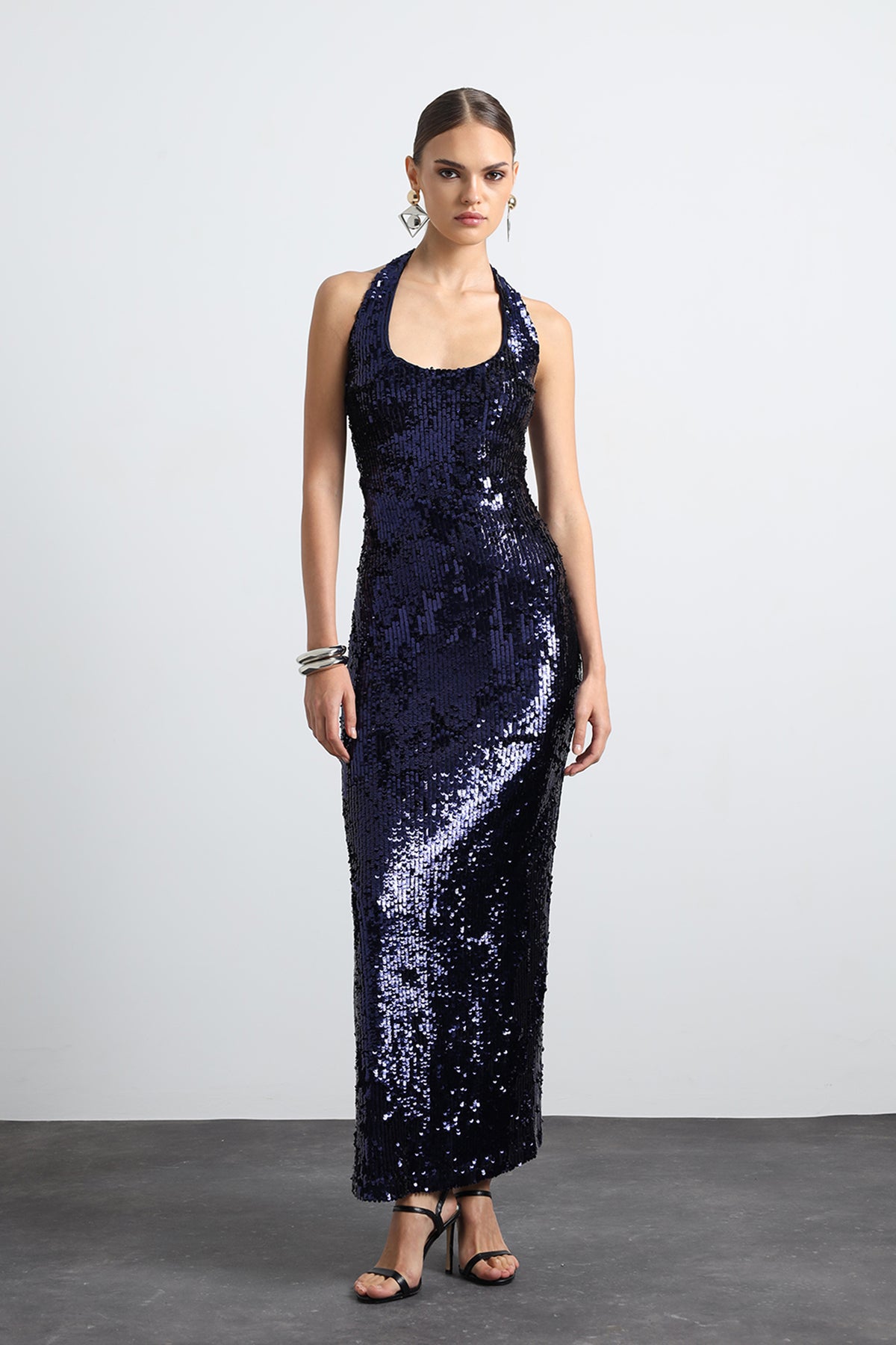 Valline Lacivert Payetli Maxi Elbise
