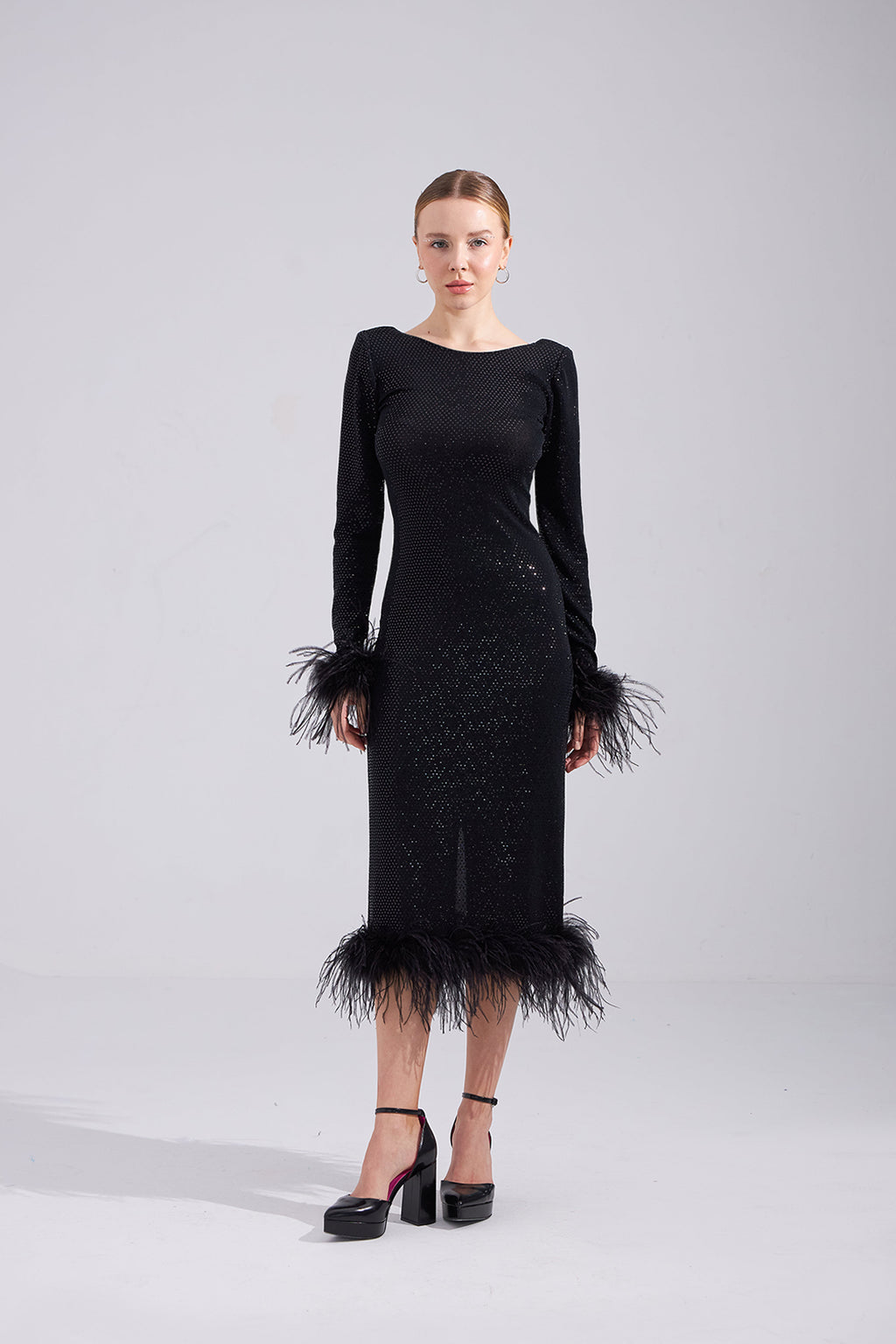 Patrice Black Feathered Midi Dress