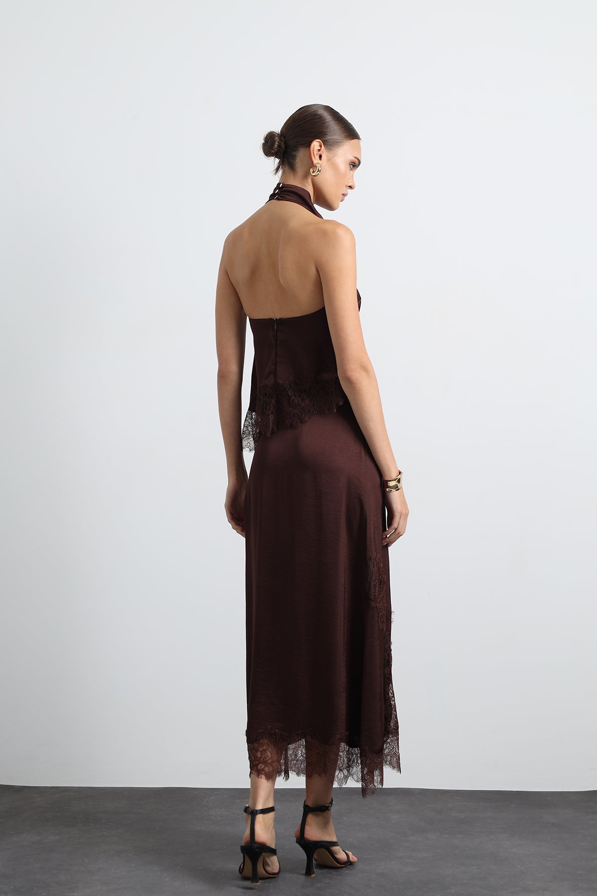 Celinor Lace Detailed Brown Maxi Skirt