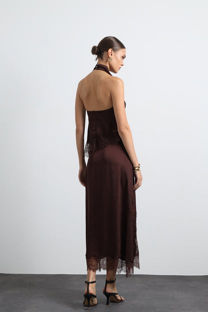 Celinor Dantel Detaylı Kahverengi Maxi Etek