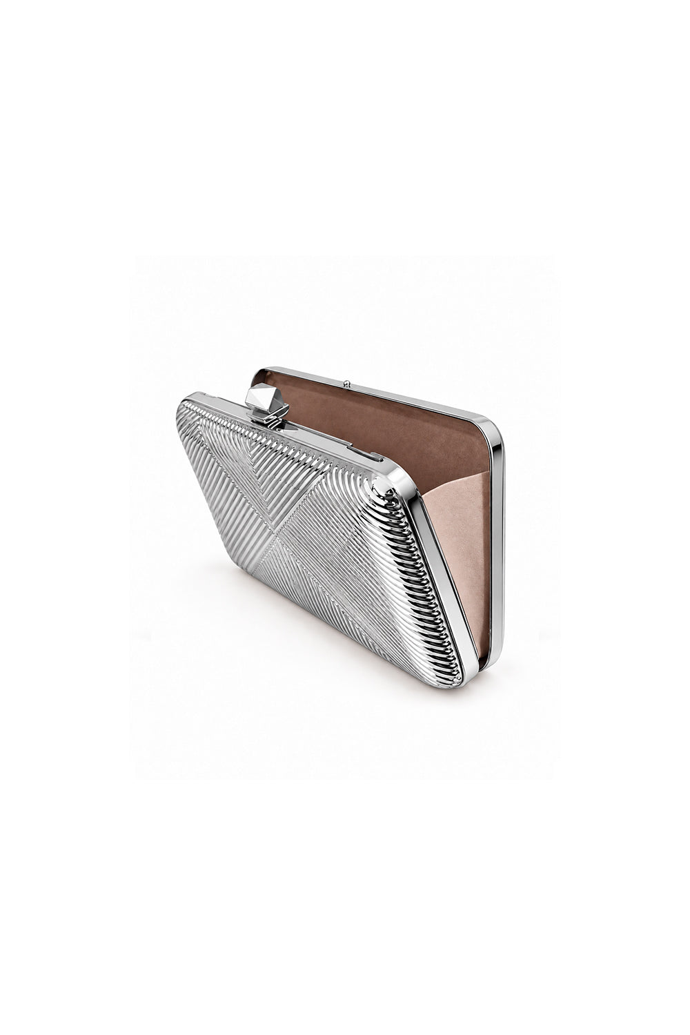 Zena Gümüş Renk Geometrik Detaylı Metal Clutch Çanta